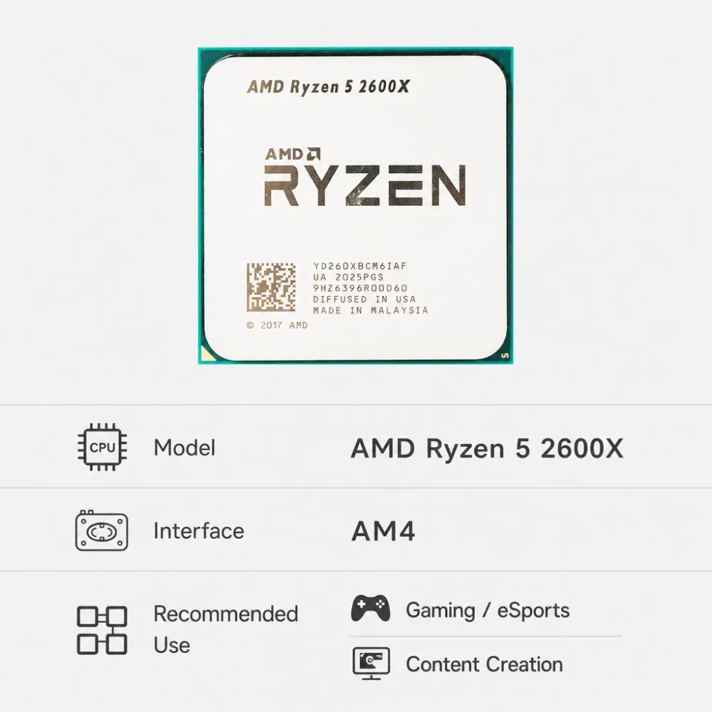 AMD Ryzen 5 2600X R5 2600X 6 Core 12 Thread 3.6GHz 95W AM4 Socket Desktop CPU Chip Compatible With A320 X470 X570 Motherboard