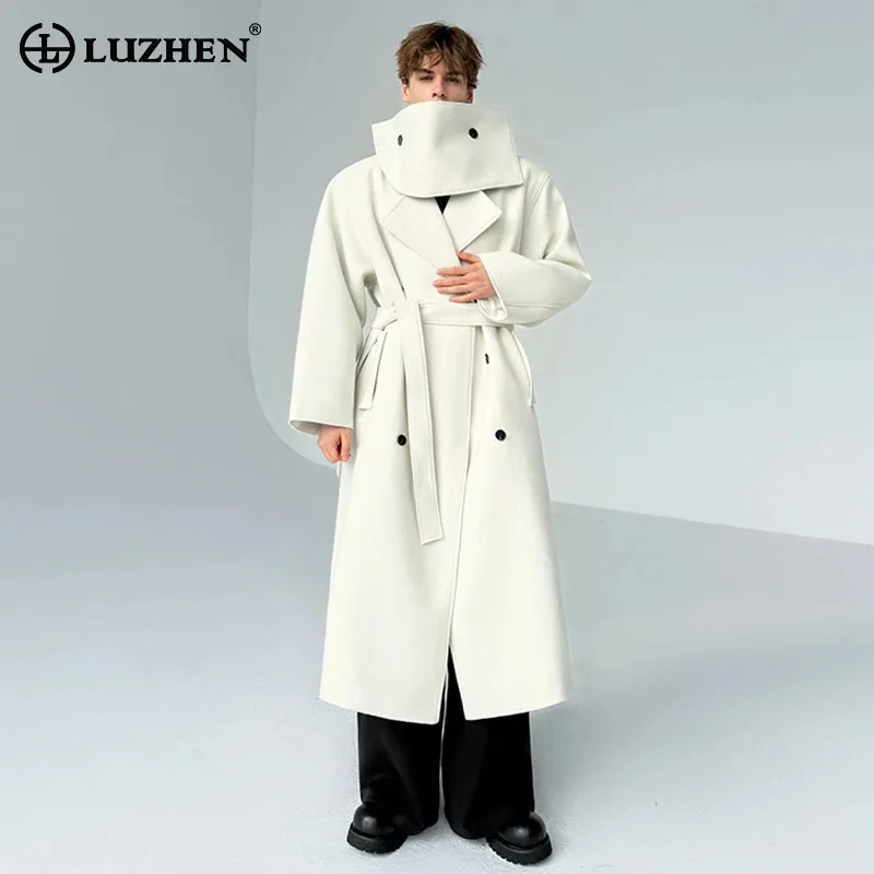 LUZHEN 2025 New Elegant Temperament Scarf Splicing Decorate Knee-length Woolen Windbreaker Coat Men's Fashion Male Trench JY5686