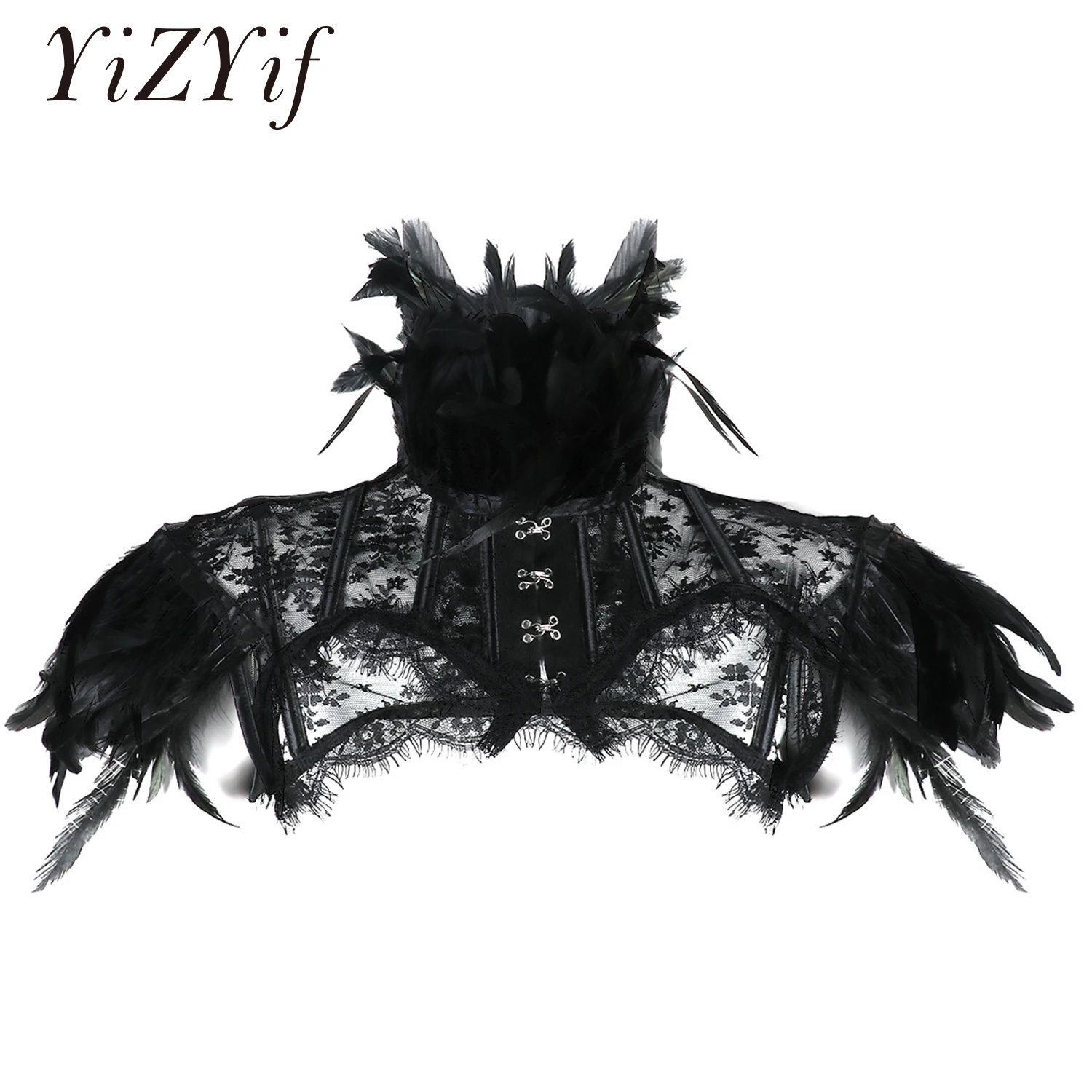 Women Punk Gothic Fake Collar Feather Cape Shoulder Lace Bolero Jacket Shrug Tops Retro Vintage Halloween Goth Rave Costumes