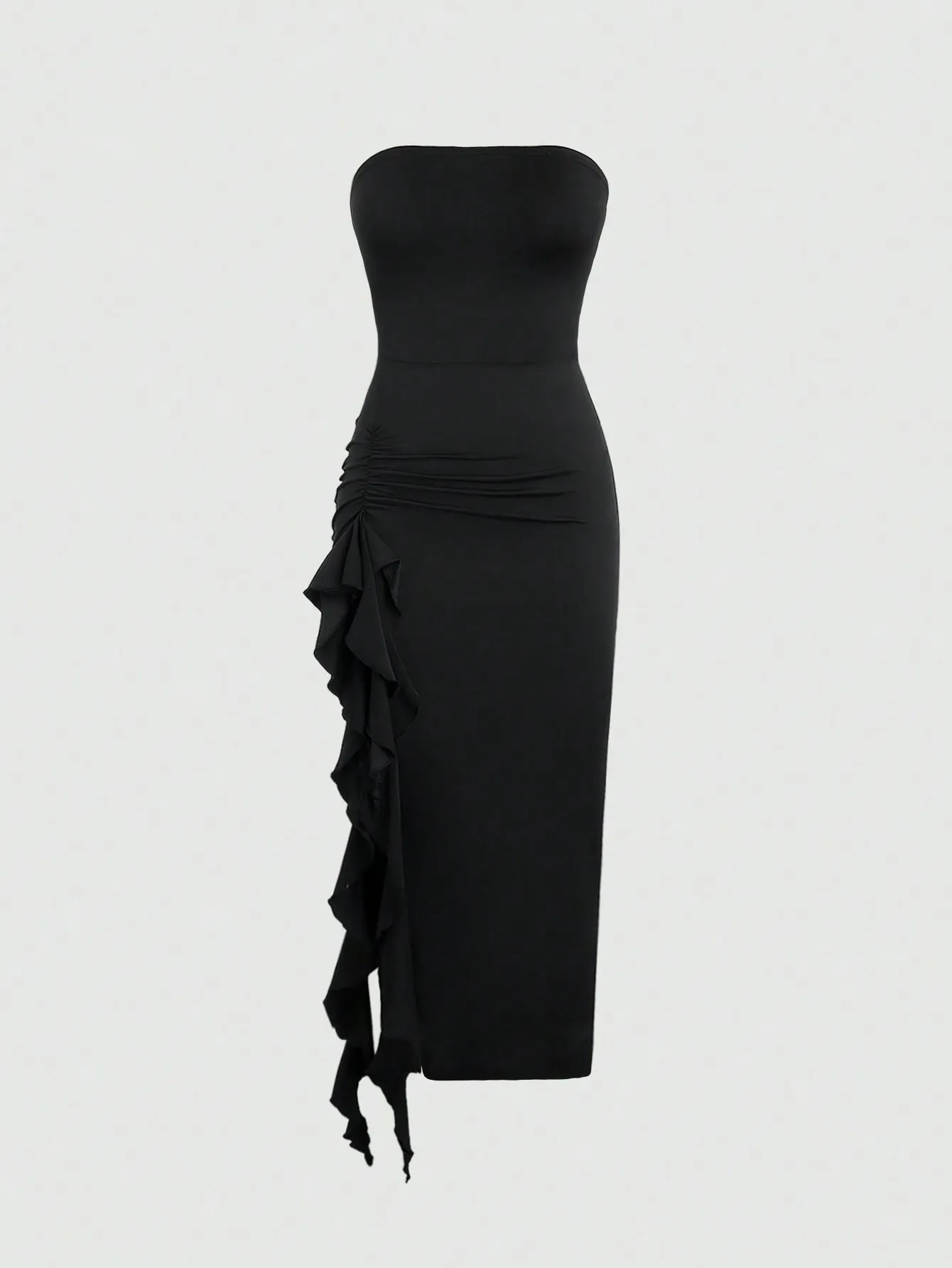 Vestido Midi Preto Sem Alças com Ruches Assimétricos e Babados em Camadas