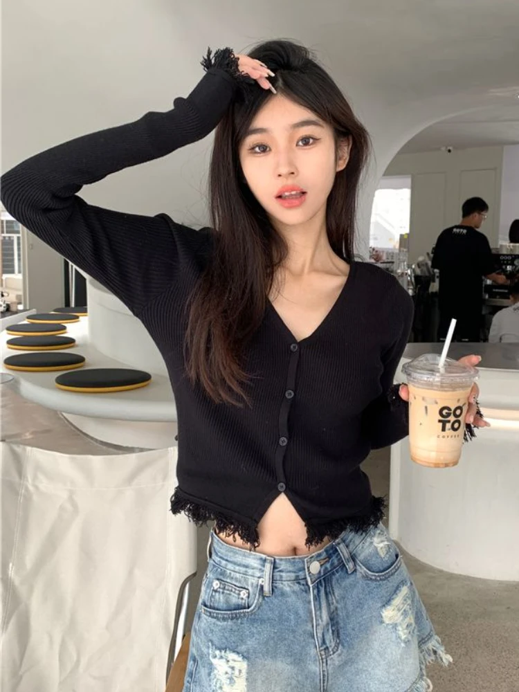 Tassel Cardigans for Women Basic Crop Tops Autumn Winter Korean Fashion Slim Knitted Clothes Solid Retro Sexy All-match Female