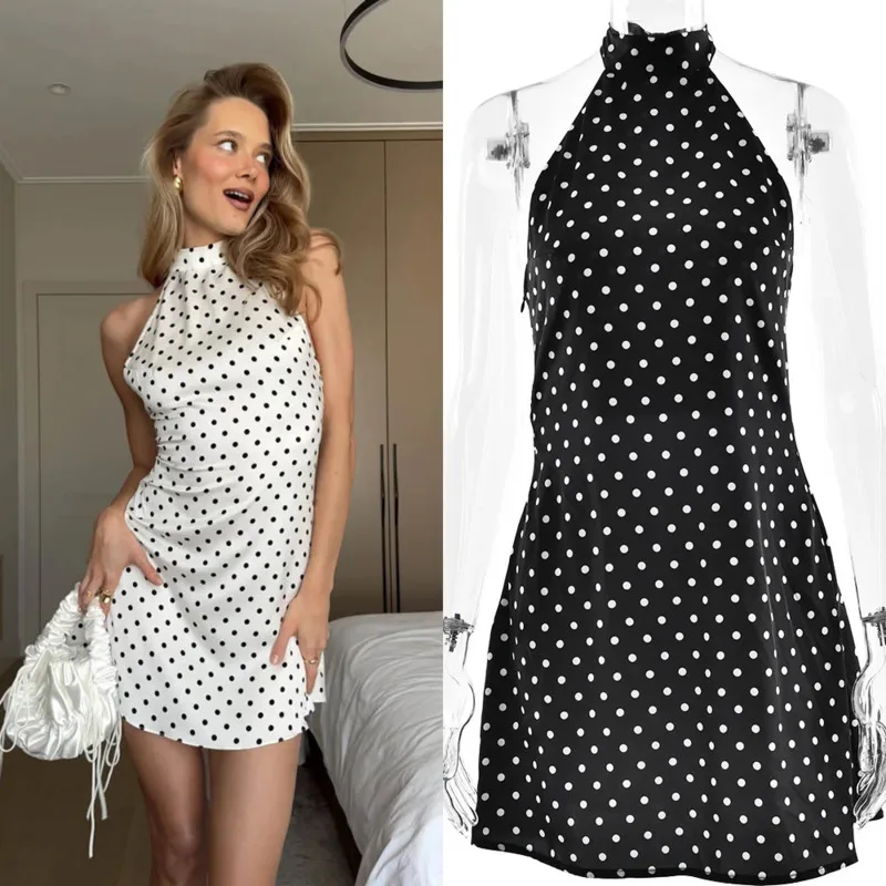 

Sexy Off Shoulder Tie Sleeveless Dress Fashion Polka Dot Suspender Mini Dress Summer Elegant Women's Slim Fit Round Neck Dress