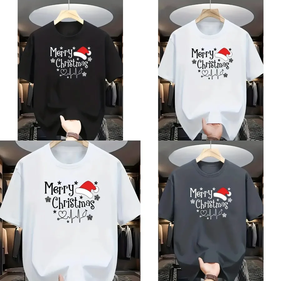 

【Good quality】A Round-Neck Short-Sleeve T-Shirt Featuring The Phrase 'Merry Christmas' on The Front Along with Christmas Elemen