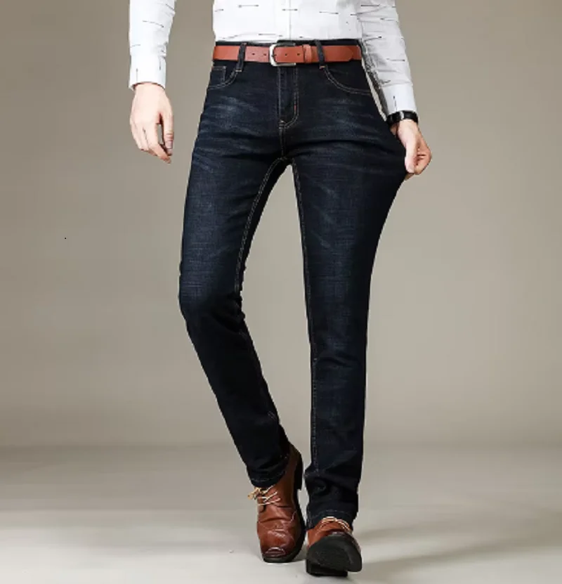 

2026 New Classic Men's Fitted Stretch Jeans Business Casual Cotton Denim Straight Leg Pants Male Black Blue Trousers