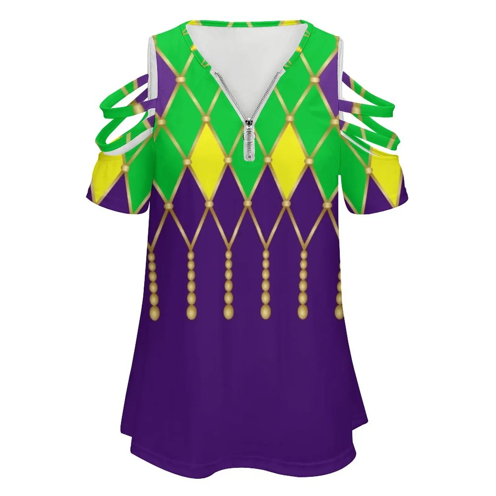 Mardi Gras Women's T-Shirt New Fashion Printed Zipper V-Neck Short Sleeve T Shirts Casual Plus Size Bright Carnival Geometric