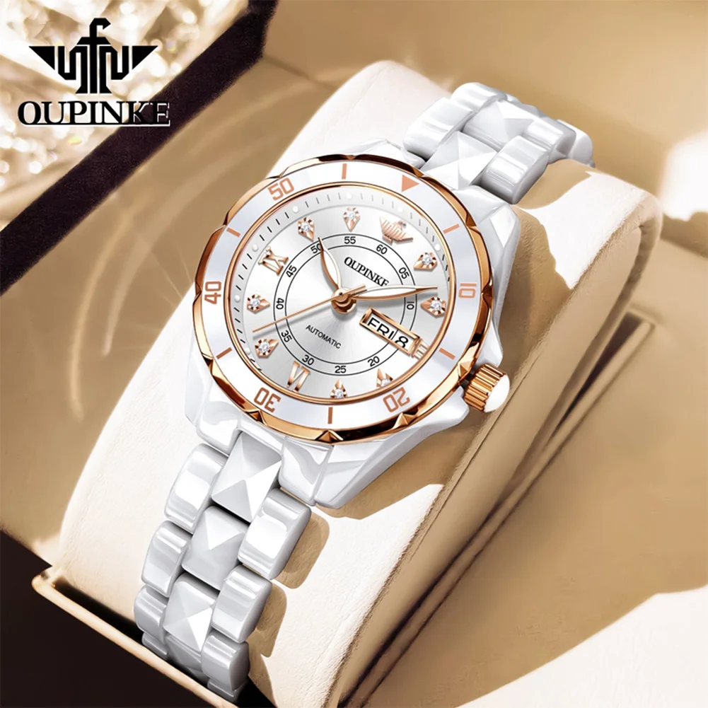 OUPINKE 3301 Automatic Mechanical Ladies' Watch Dual Calendar Display Waterproof Luminous Wristwatch Elegant Women's Watch