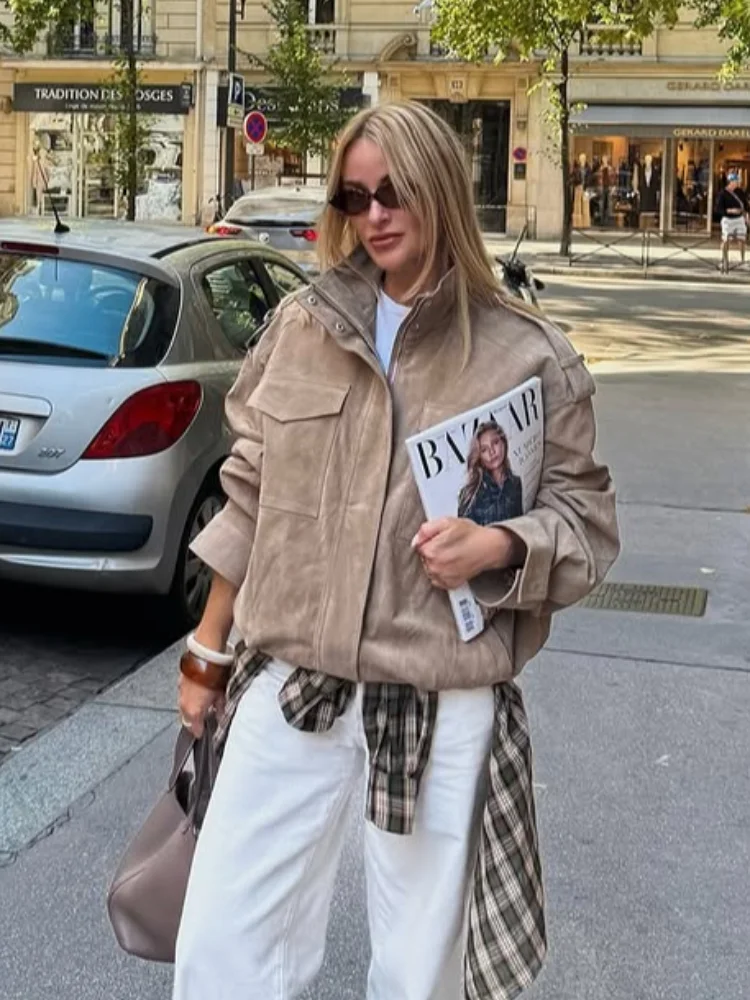 Women Loose Suede Jacket Fashion Long Sleeve Pockets Zipper Oversized Bomber Jacket 2025 Autumn Wint