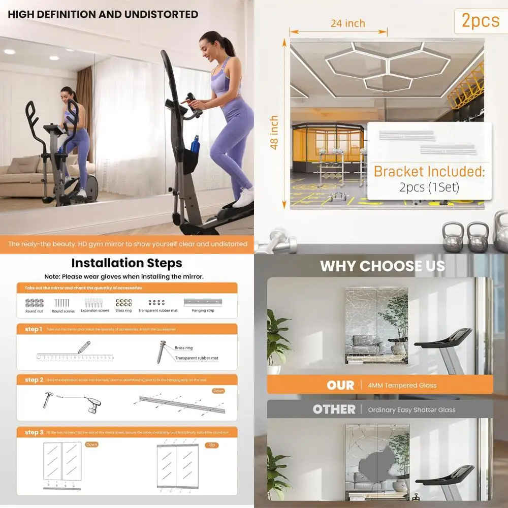 

48x24 Inch Dual Pack Wall-Mounted Tempered Glass Mirrors for Home Gym, Yoga, and Dance