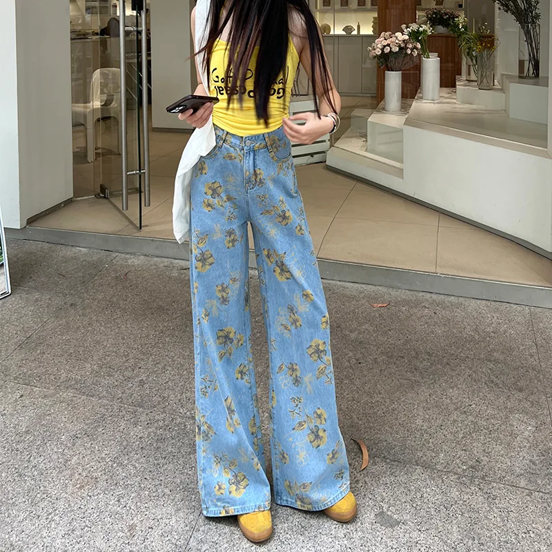 

Vintage Printed Jeans Female Spring and Summer Loose Wide-Leg Pants Thin High Waist Straight Pants Design Sense of Drag Pants