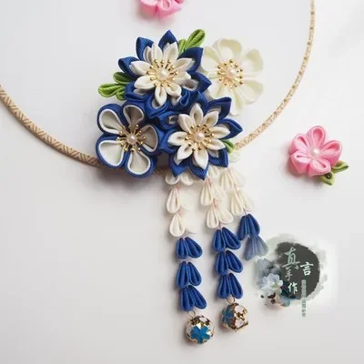 Handmade ชุดกิโมโนเครื่องประดับสไตล์ญี่ปุ่นซากุระ Hairpin Yukata Hanfu ภาพอุปกรณ์เสริมผมคอสเพลย์ Bell Tassels คลิปด้านข้าง