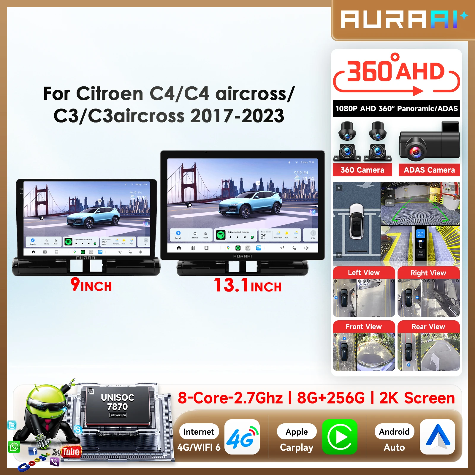 AURAAI Autoradio Android Autoradio Per Citroen C4/C3 (Basso/alto) 2017- 2023 7870 Carplay multimediale 3D + 2K Schermo 8G GPS 360 Stereo