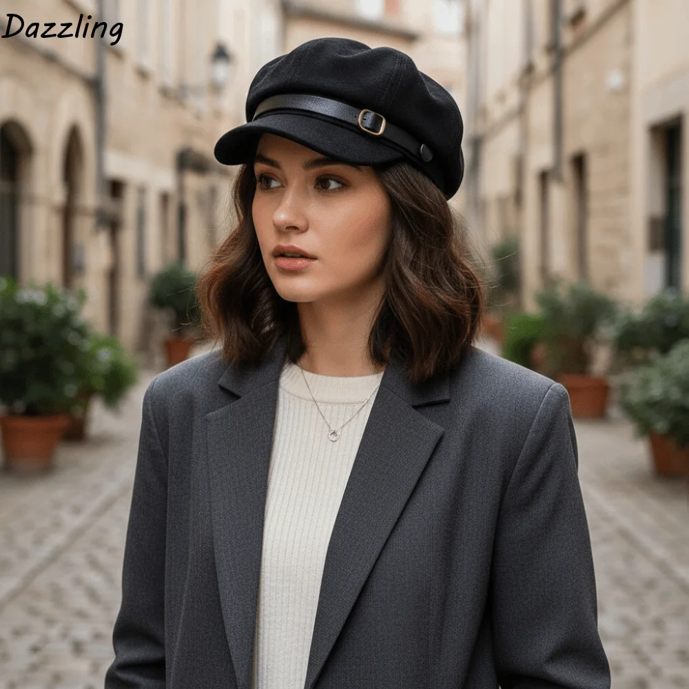 

Casual Warm Suede Berets Windproof Flat Top Women Octagonal Hat Korean Style Melard Style Artist Hat Women
