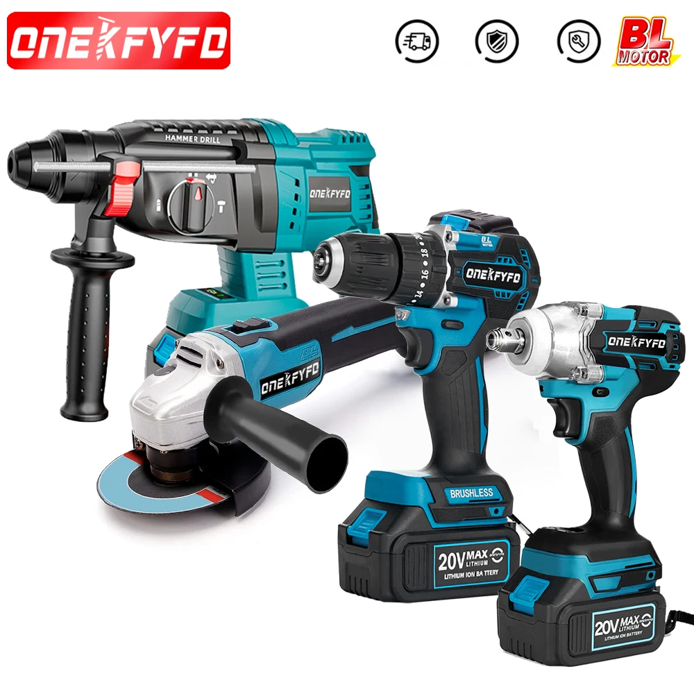 

ONEKFYFD Brushless Tools Set 172 Electric Drill + 2in1 Impact Wrench + Angle Grinder Polishing Grinding+ Electric Hammer Drill