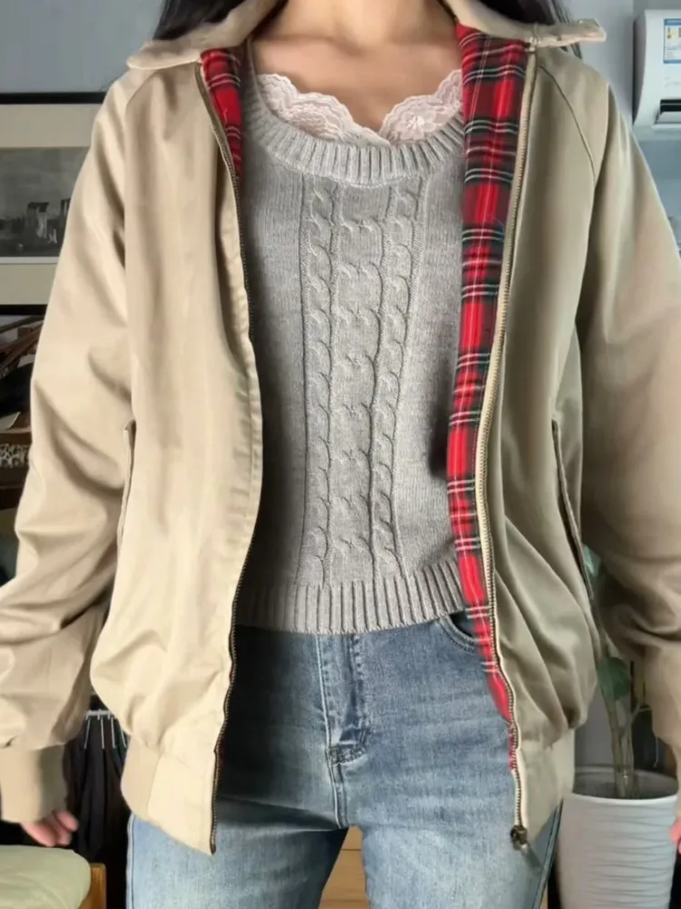 Casual donna giacca con fodera a scacchi rossa cappotti 2023 autunno Retro colletto alla coreana maniche lunghe giacche tinta unita capispalla Chic femminile