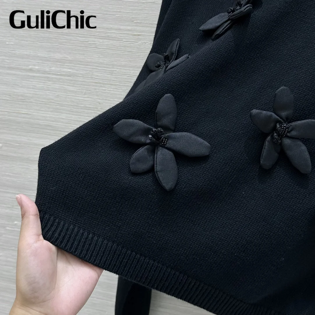 9.6 GuliChic 2024 New Women Sweet Temperament Elegant Wool Sweater 3D Flower Embroidery Long Sleeve Casual Knitwear