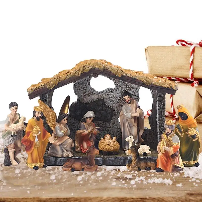 Miniature Nativity Scene Set Baby Jesus Manger Christmas Crib Figurine Resin Craft Ornament Church Catholic Gift Home Decor