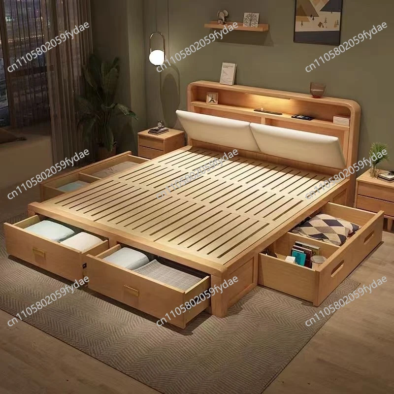 Customizable Solid Wood High Box Bed Bedroom 1.8 Meters Queen King Size With Drawers Double Storage Bed