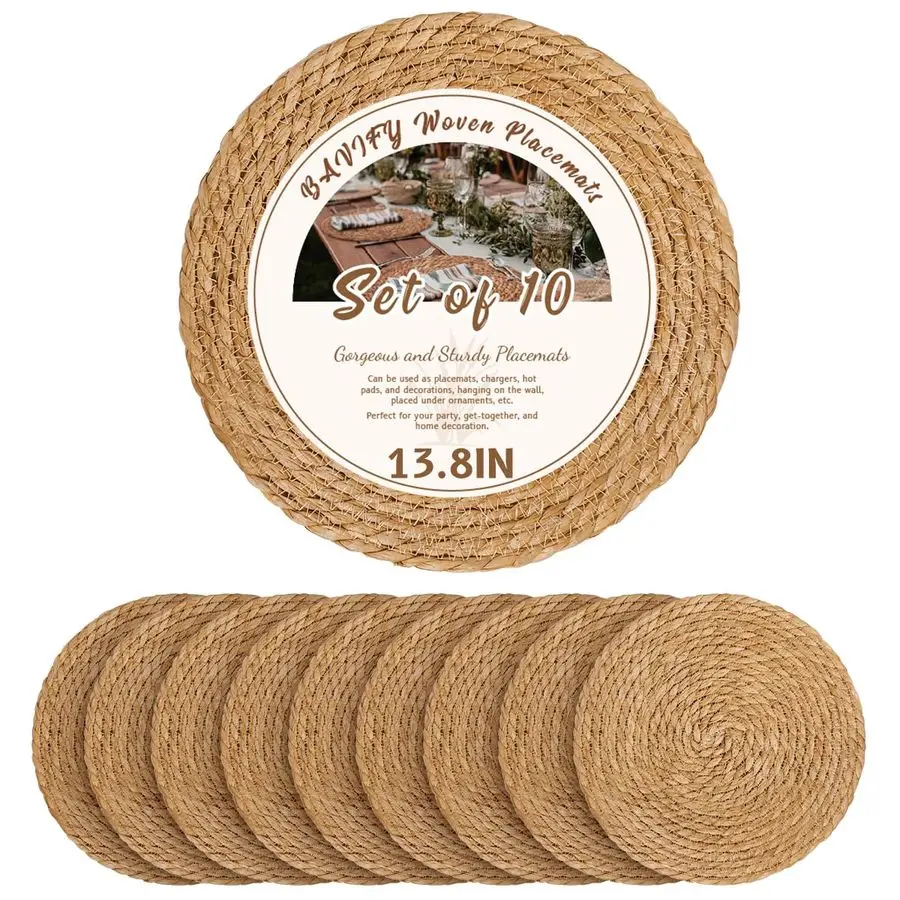 

Набор из 10 круглых плетеных подставок под тарелки, плетеные подставки из ротанга для обеденных тарелок в стиле бохо, фермерском и деревенском стиле