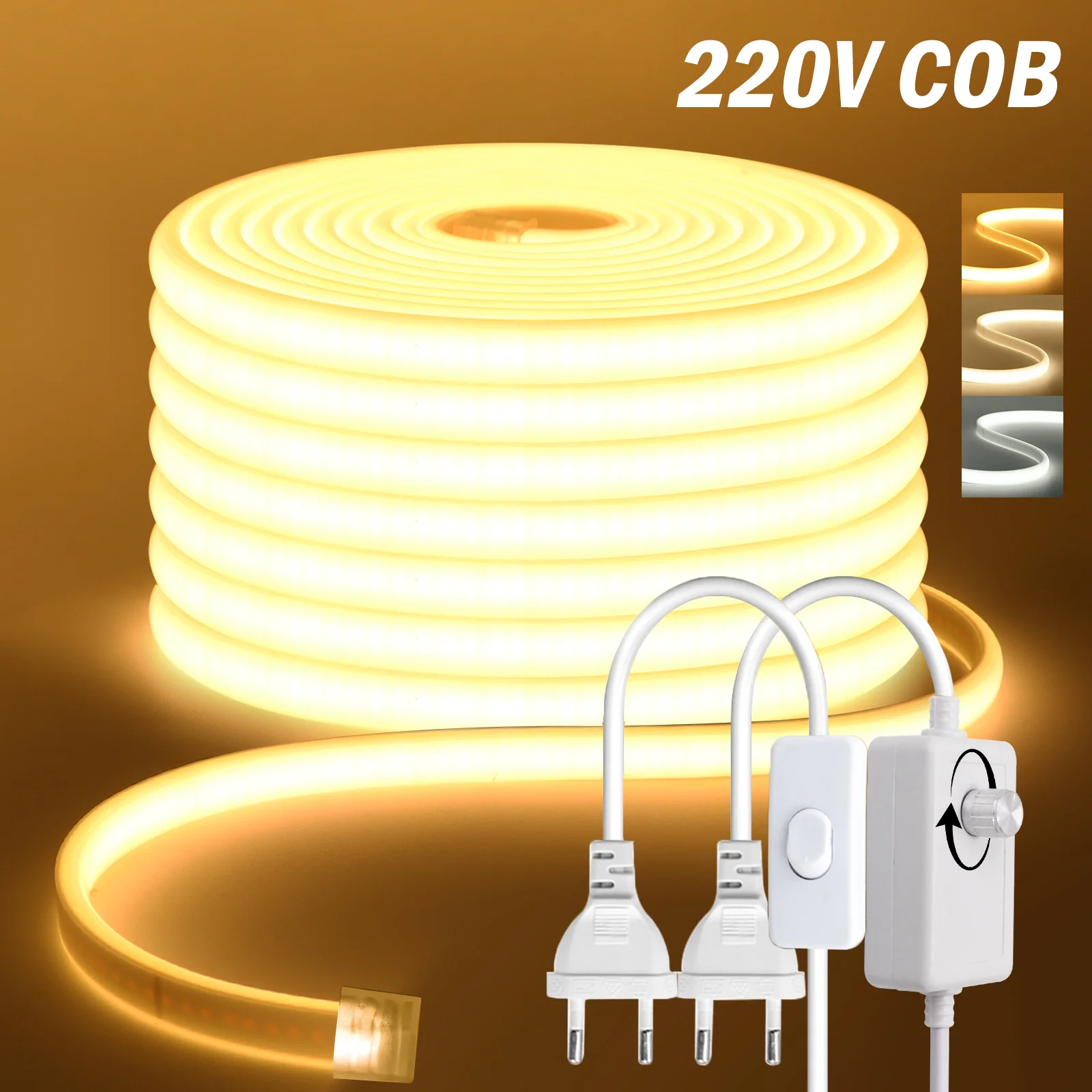 220V COB LED 스트립 네온 불빛 슈퍼 밝은 288LED/m 방수 리본 디밍이 가능한 스위치 EU 플러그 FOB 테이프 야외 룸 장식