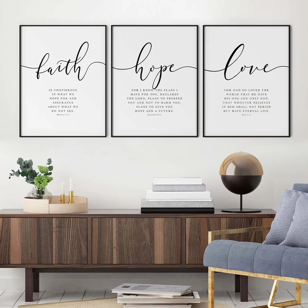 Faith Hope Love Bible Verse Scripture Quote Hebrews 11,Jeremiah 29,John 3 16 Wall Art Print Pictures For Christian Home Decor