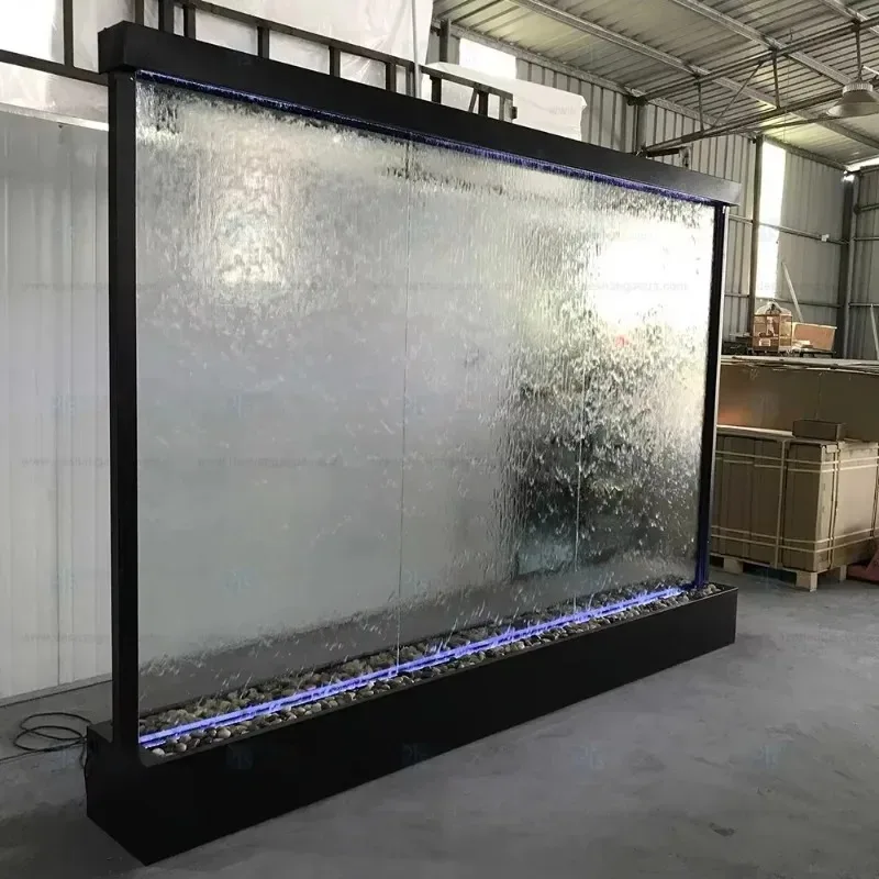 【2026】نافورة جدارية زجاجية كبيرة الحجم مع ميزات شلالات مياه داخلية من الفولاذ المقاوم للصدأ مطلية بالمسحوق لتزيين المنزل