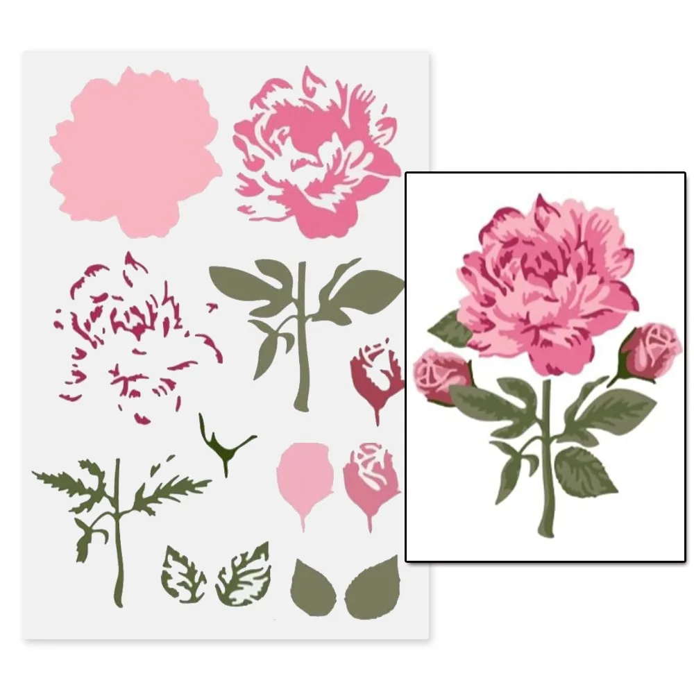 Large Layered Peony Stencil, Blooming Flower Leaf Template for DIY Painting on Wood, Furniture, Canvas, Tile & Fabric Decoration