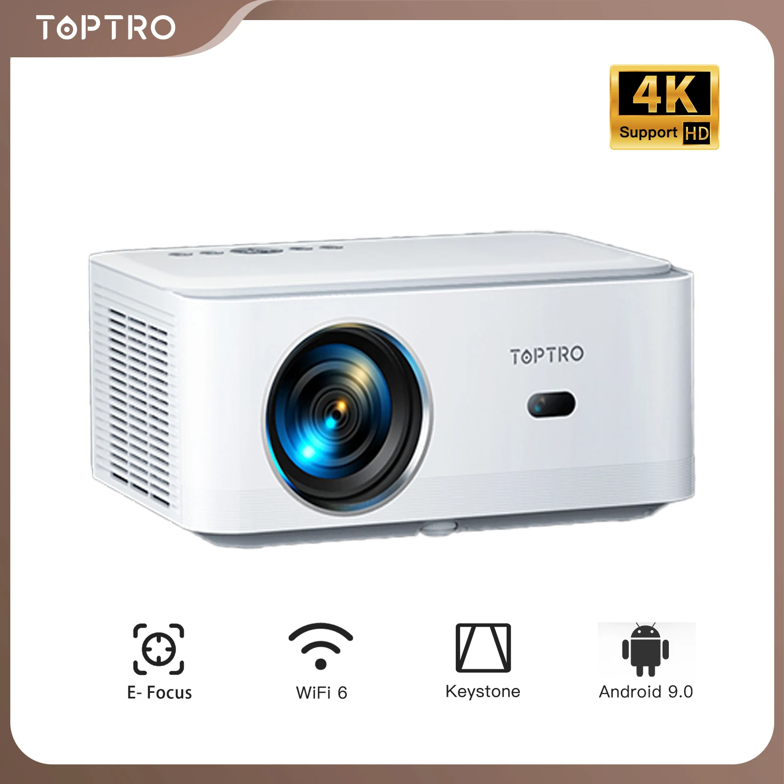 Projektor TOPTRO Przenośny projektor 1080P Full HD 25000 lumenów Projektor Android 9.0 WiFi6 Projektor kina domowego Bluetooth