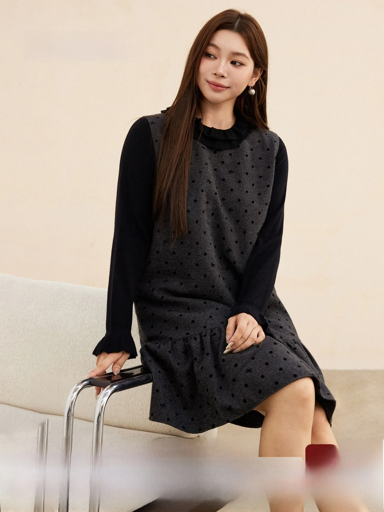 

Plusmall High nce Guaiguai, новинка, плавающий клетчатый жилет в горошек, юбка с воротником-ушанкой, вязаный свитер, женская мода