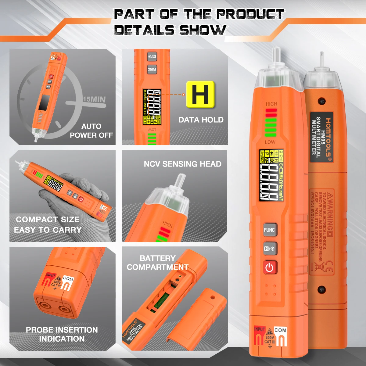 HOMTOOLS HM95 قلم صغير نوع متعدد رقمي احترافي 4000 التهم التيار المتناوب/تيار مستمر الجهد أوم ديود السعة هرتز أداة اختبار ذكية