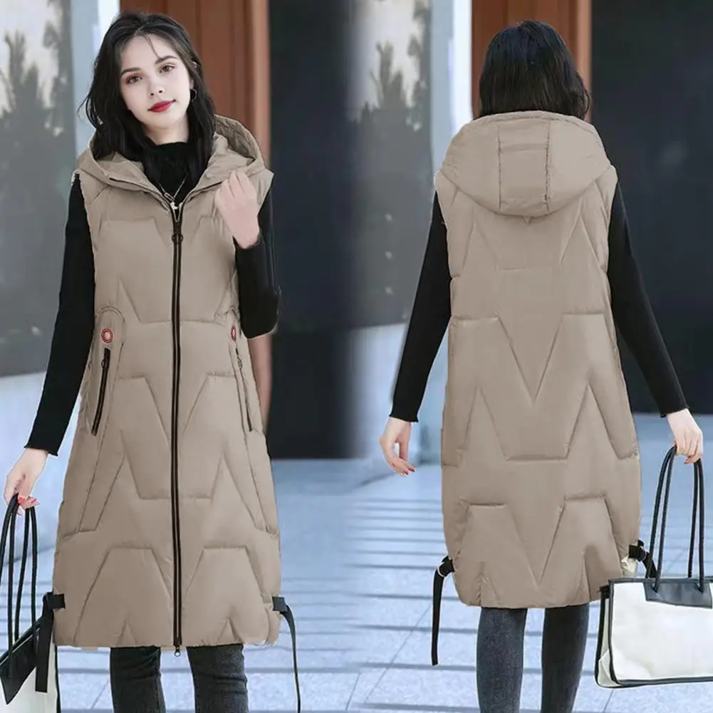 

Lady Down Coat Stylish Women's Winter Hooded Waistcoat with Pockets Zipper Closure Sleek Mid Length Outdoor Coat for Weather