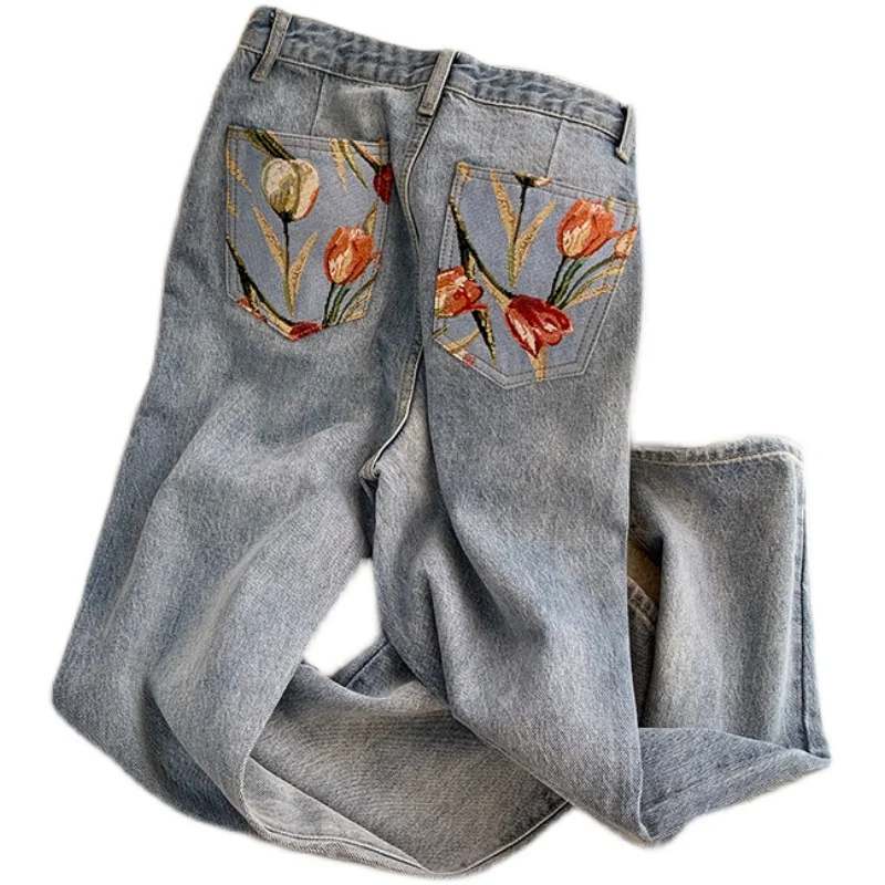 Calça jeans feminina de perna reta impressa de cor clara, versão coreana, versátil, solta, calça larga, novo nicho