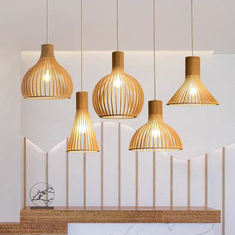 

Southeast Asian Wooden Birdcage Pendant Light Creative Minimalist Living Room Restaurant Art Exhibition Hall Zen Decoration Lamp