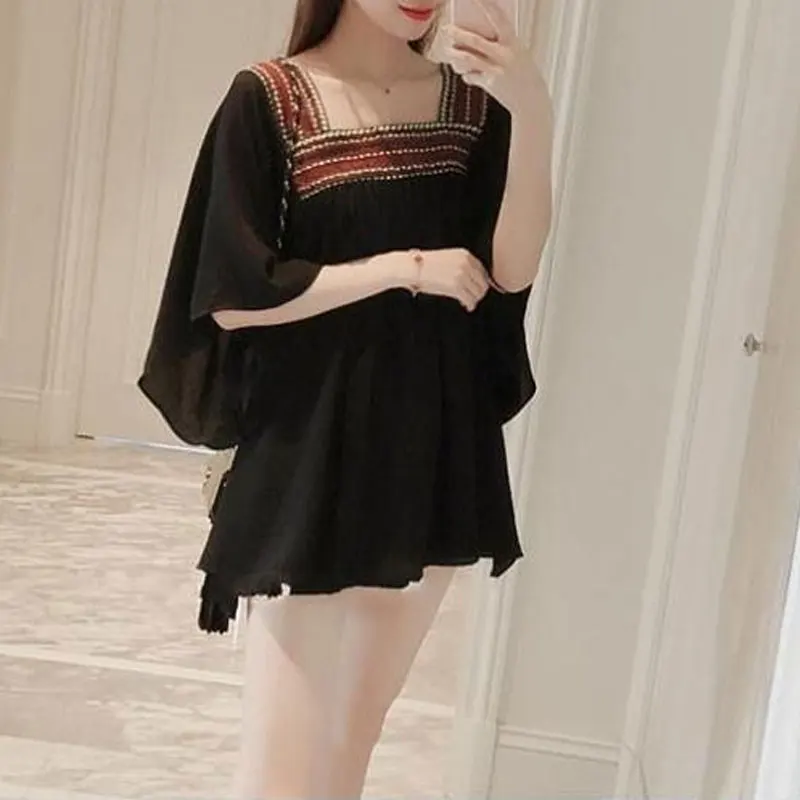 Elegant Square Collar Folk Patchwork Shirt Women\'s Clothing Solid Color All-match Summer Loose Short Sleeve Chiffon Midi Blouse