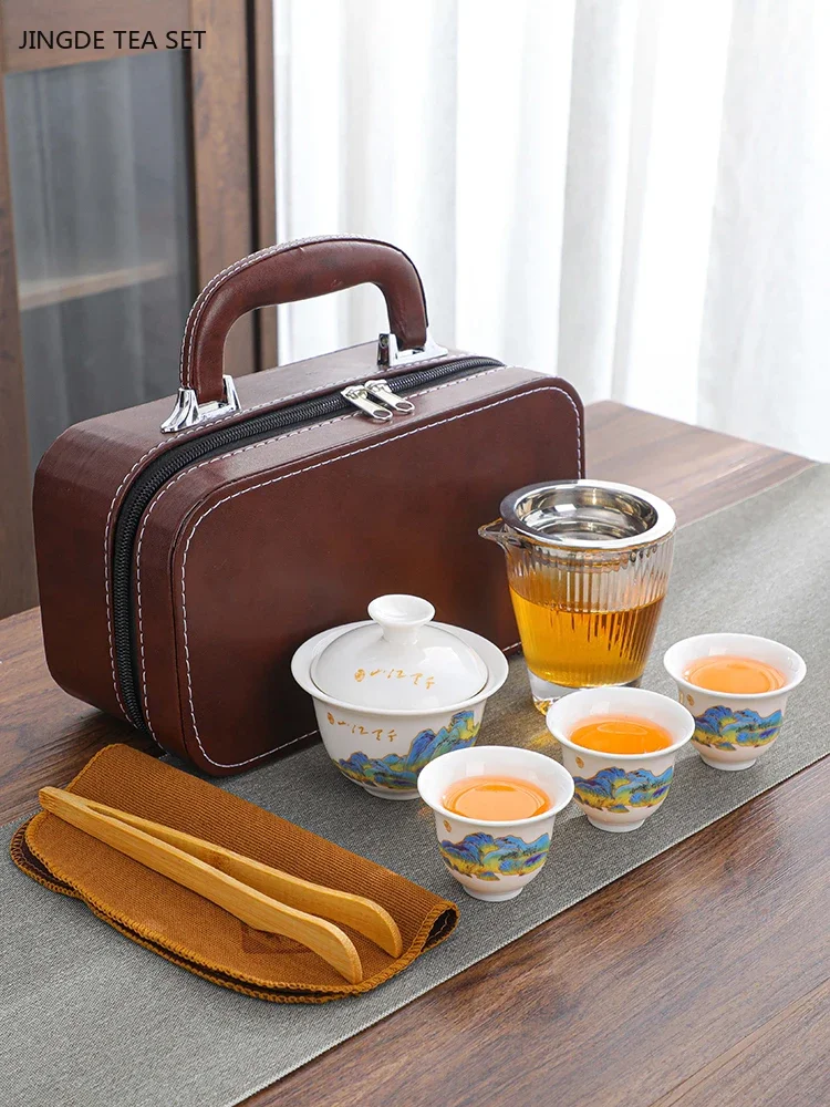 

Leather Storage Box Teaware Set Exquisite Travel Tea Set Ceramic Gaiwan Quick Cup Outdoor Portable Custom Beauty Tea Infuser