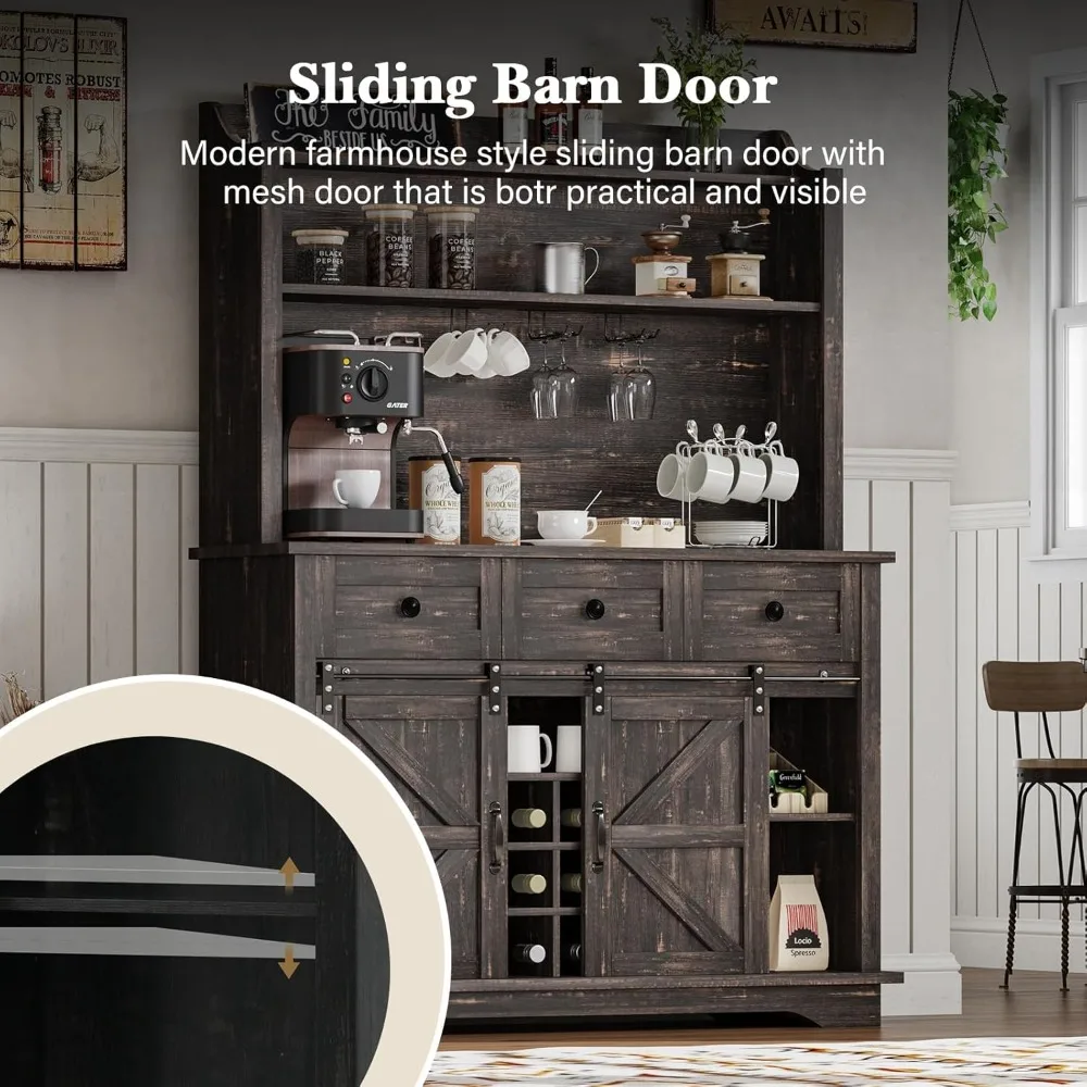 Шкаф для кофе-бара в фермерском доме с 3-уровневым хранилищем, 63-дюймовый кухонный шкаф для хранения вещей с 3 ящиками, высокий кофейный бар с держателями, Wi