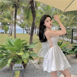 Elegent Sexy Backless Suspender Evening Dress Summer Holiday Seaside Beach Skirt Slim Puffy Short Skirt White Dress Ball Gown