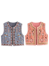 KAOPU ZA Women embroidery printed open waistcoat vintage o-neck sleeveless female outerwear chic vest tops