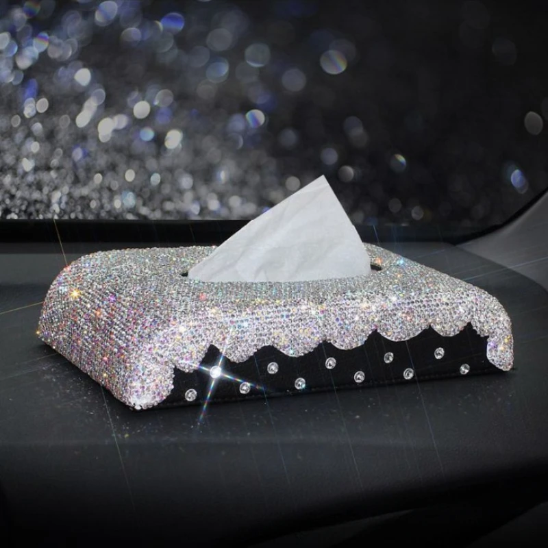 Glitter Diamond Crystal CarTissue Box Storage Paper Towel PU Leather Black Tissue Holder Towels Tissue Box Cover Auto Styling