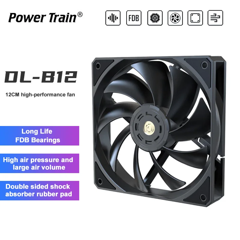 

Power Train DL-B12 120mm Case Fan FDB Bearing High Performance PWM CPU Cooling Fan Shock Absorption PC Chassis Fan