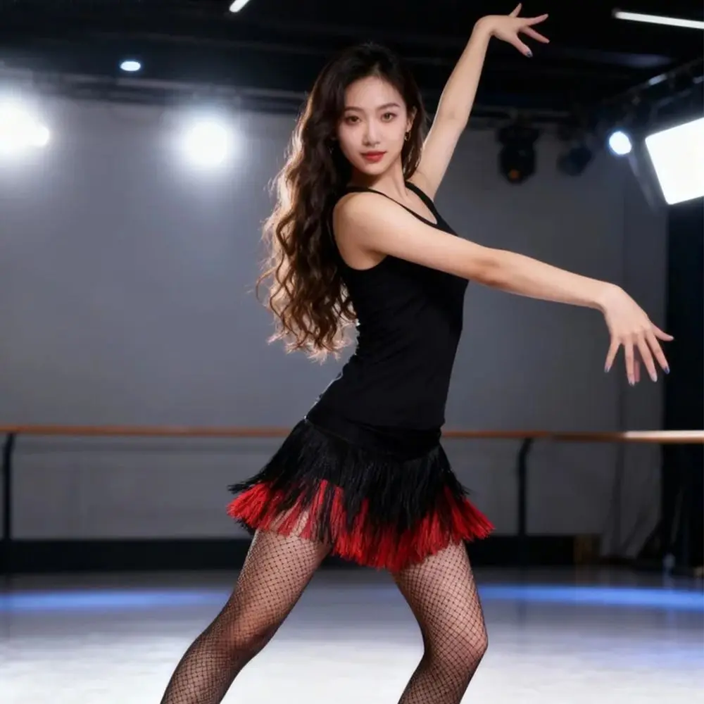 موضة شرابة اللاتينية تنورة رقص مرحلة قصيرة زي قاعة الرقص تنورة 2 طبقة تشاتشا ملابس الرقص رومبا تنورة رقص للنساء