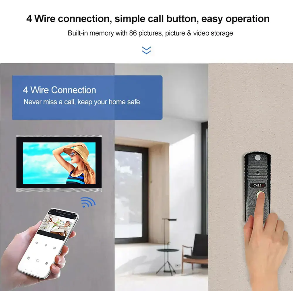 Bel pintu pintar layar sentuh 1080P 10 inci, Wifi, bel pintu Video rumah, kit Rekam kartu 32G deteksi gerak APP Unlock