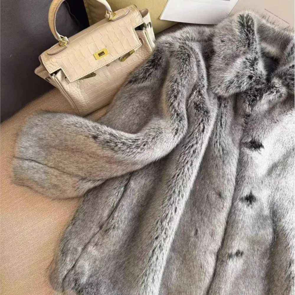 Winter Gradient Gray Lapel Collar Hairy Shaggy Faux Fur Coat Retro Full sleeve Furry Fur Women Covered Buttons Loose Outerwear