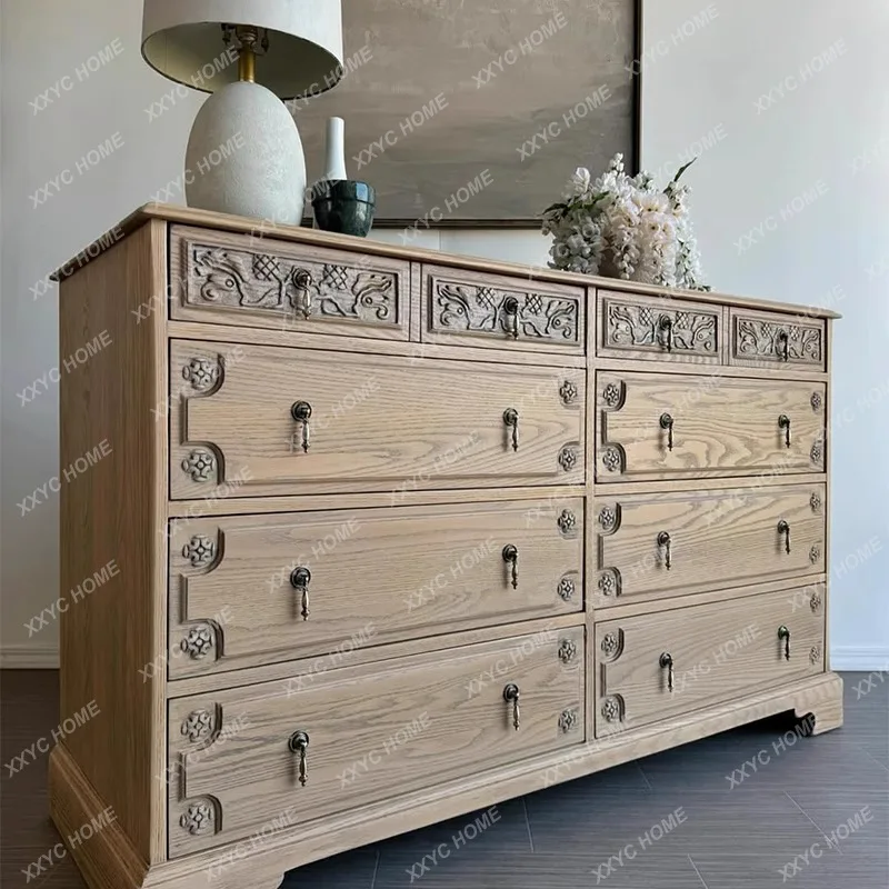 

Ретро-комод из массива дерева с десятью ящиками, декоративный боковой шкаф для гостиной в стиле виллы, с резьбой, для хранения вещей
