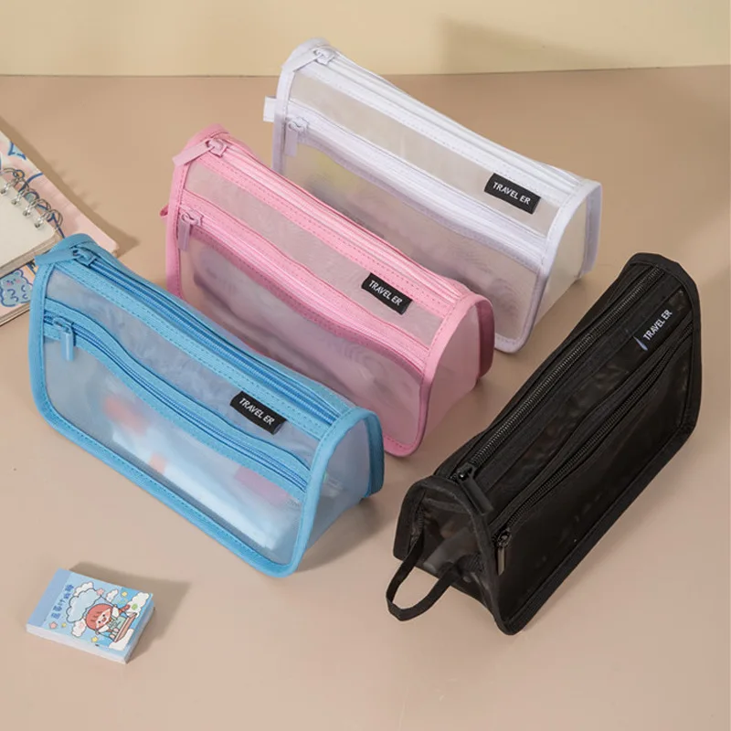 

Minimalist Mesh Pencil Case Creative Transparent Large Capacity Stationery Bag Rectangles Stationery Zipper Bag Student