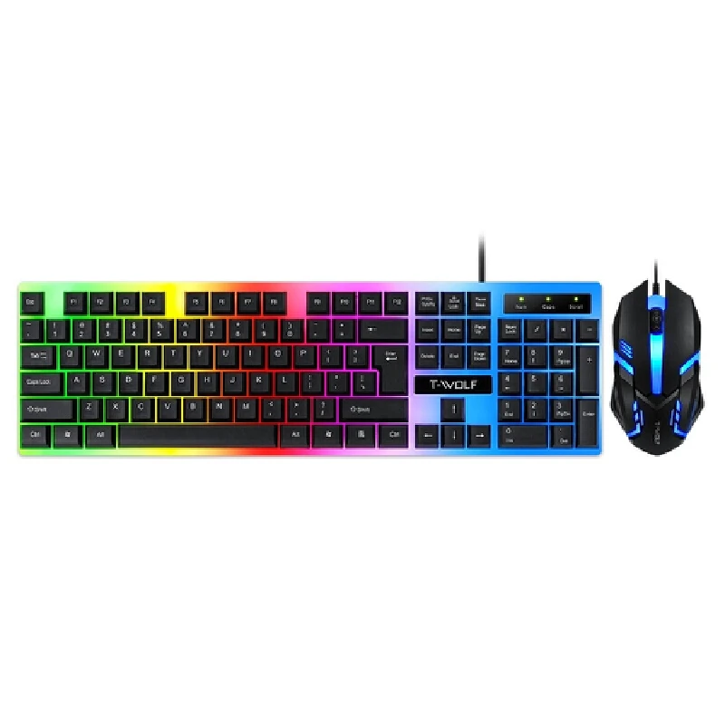 レインボーグラデーションバックライト付きキーボードとマウスのコンボ、フローティングキーキャップ付きメカニカル風、有線usb、pcゲーム、オフィスデスクトップ用