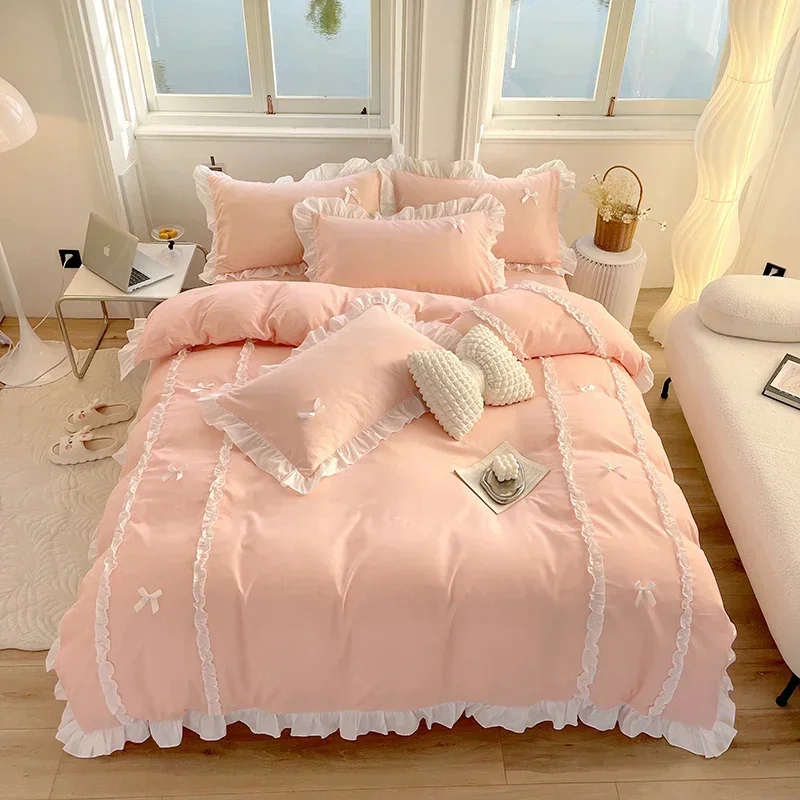 Pink Lace Ruffle Bowknot Duvet Cover Bed Sheet And Pillowcases Luxury Princess Bedding Set For Girls Woman Decor Home