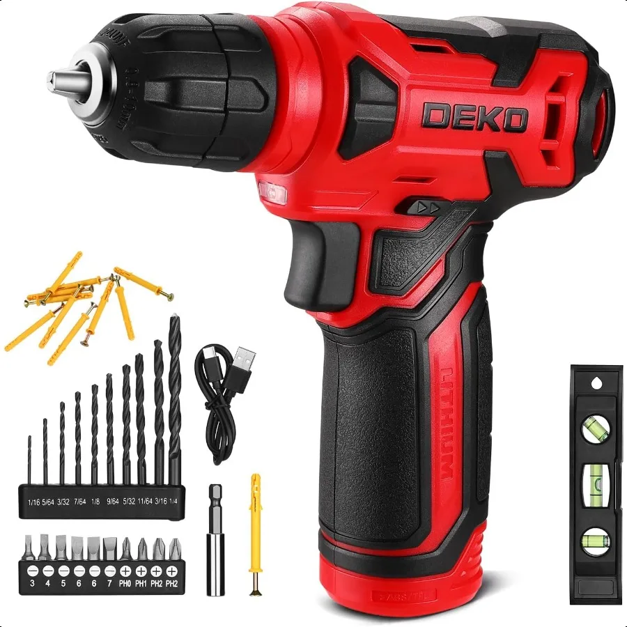 

8V Cordl Drill Drill Set with 3 8Keyl Chuck 42pcs Acories Builtin LED TypeC Charge Cable Red Power Drill for Drilling and Tight
