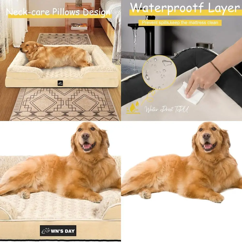 

XXL Washable Memory Foam Dog Bed with Removable Cover, Waterproof Pet Sofa for Large and Medium Dogs (Beige)