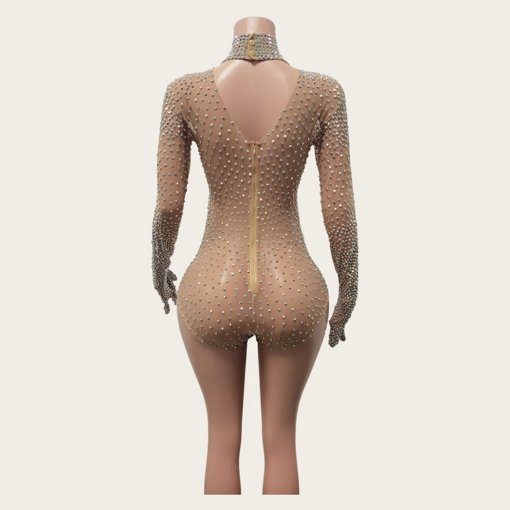 Vestidos Fashion Crystals Shiny Bodysuit Sexy Birthday Party Costume Stage Show Jumpsuits Nightclub Prom Long Sleeve Bodysuits