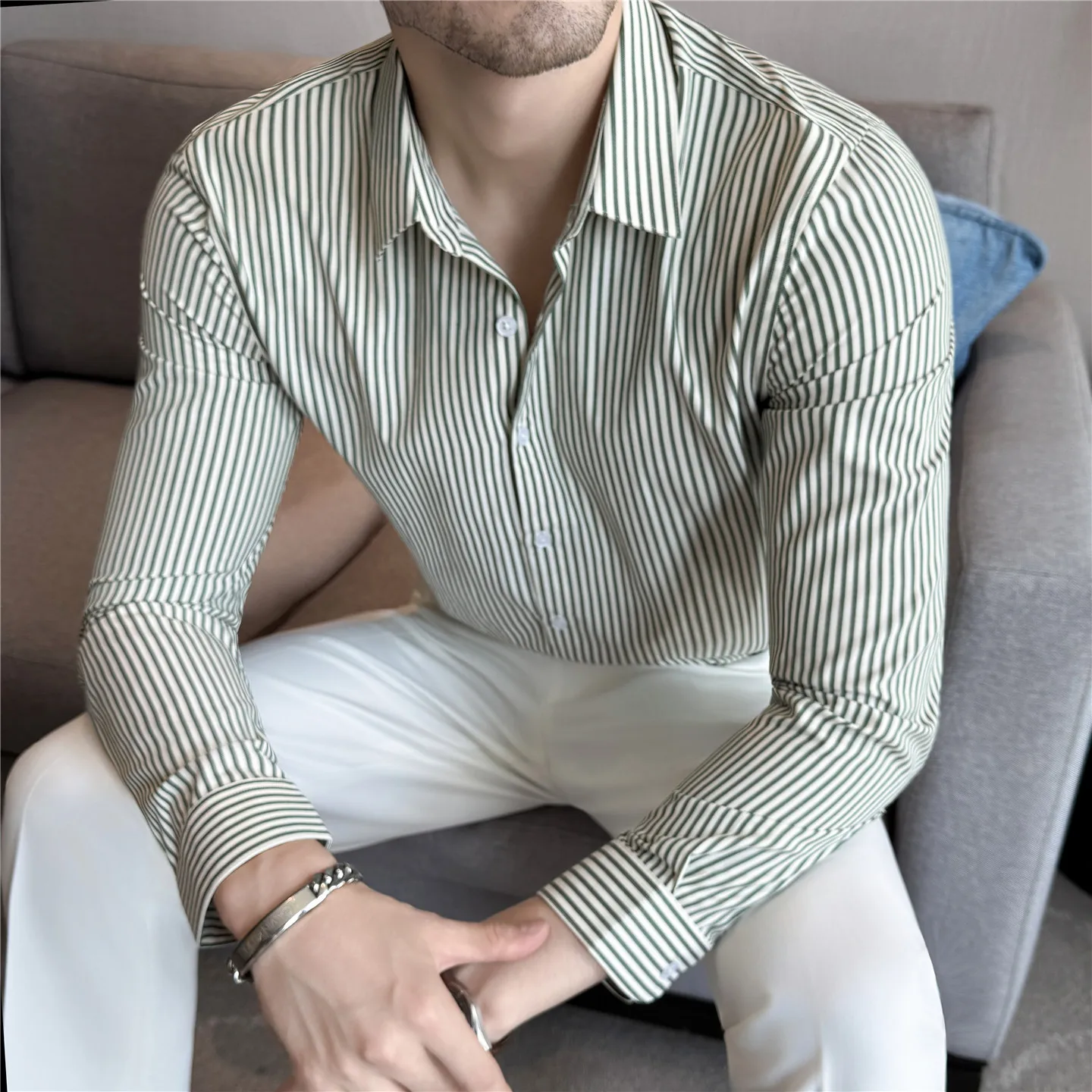 Men's Striped Long Sleeve Shirt - Green White Business Casual Autumn Textured Fabric Slim Fit Office Wear